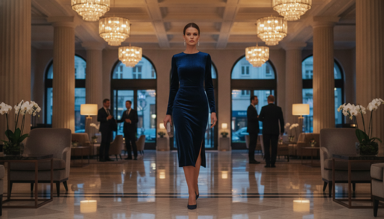 Stilvolle Frau durchquert die Lobby eines Luxushotels in Berlin
