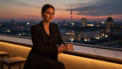 Selbstbewusste Frau genießt Abend auf Rooftop-Bar mit Blick auf die Berliner Skyline