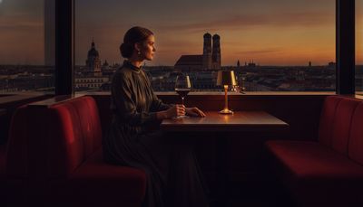 Selbstbewusste Frau sitzt nachdenklich in edler Rooftop-Bar vor Münchner Skyline